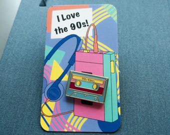 90s Cassette Tape Enamel Pin | Retro Music Nostalgia, Walkman Backing