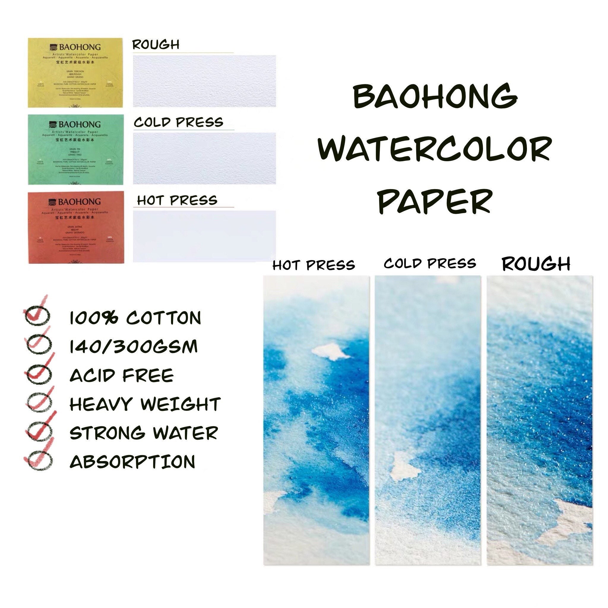 Baohong Watercolor Trial Pad, 4.1x5.7, Artists' Grade, Cold Pressx6, Hot  Press x6, Rough Grain x6, 100% cotton, 140lb/300gsm