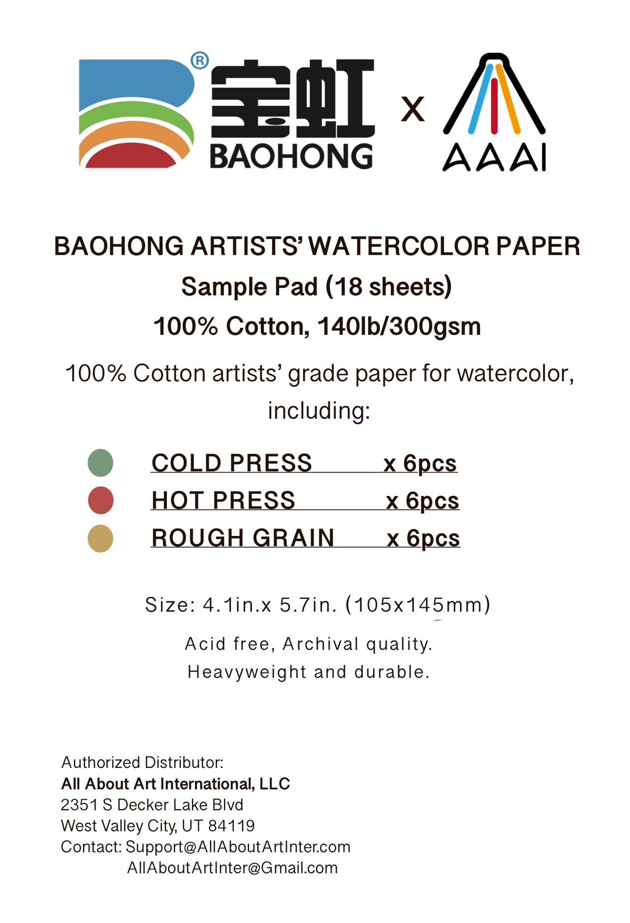 BAOHONG Artists' Grade Paper, Sample Pad, 4.1x5.7, 100% Cotton,  140lb/300gsm,18 Pcs in Textured Cold Press/hot Press/rough 