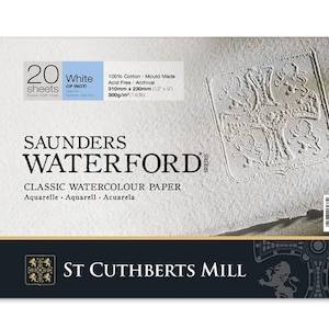 May include: A pack of 20 white watercolor paper sheets from Saunders Waterford. The paper is 100% cotton, acid-free, archival, and mould-made. The sheets are 12 by 9 inches and 300gsm.