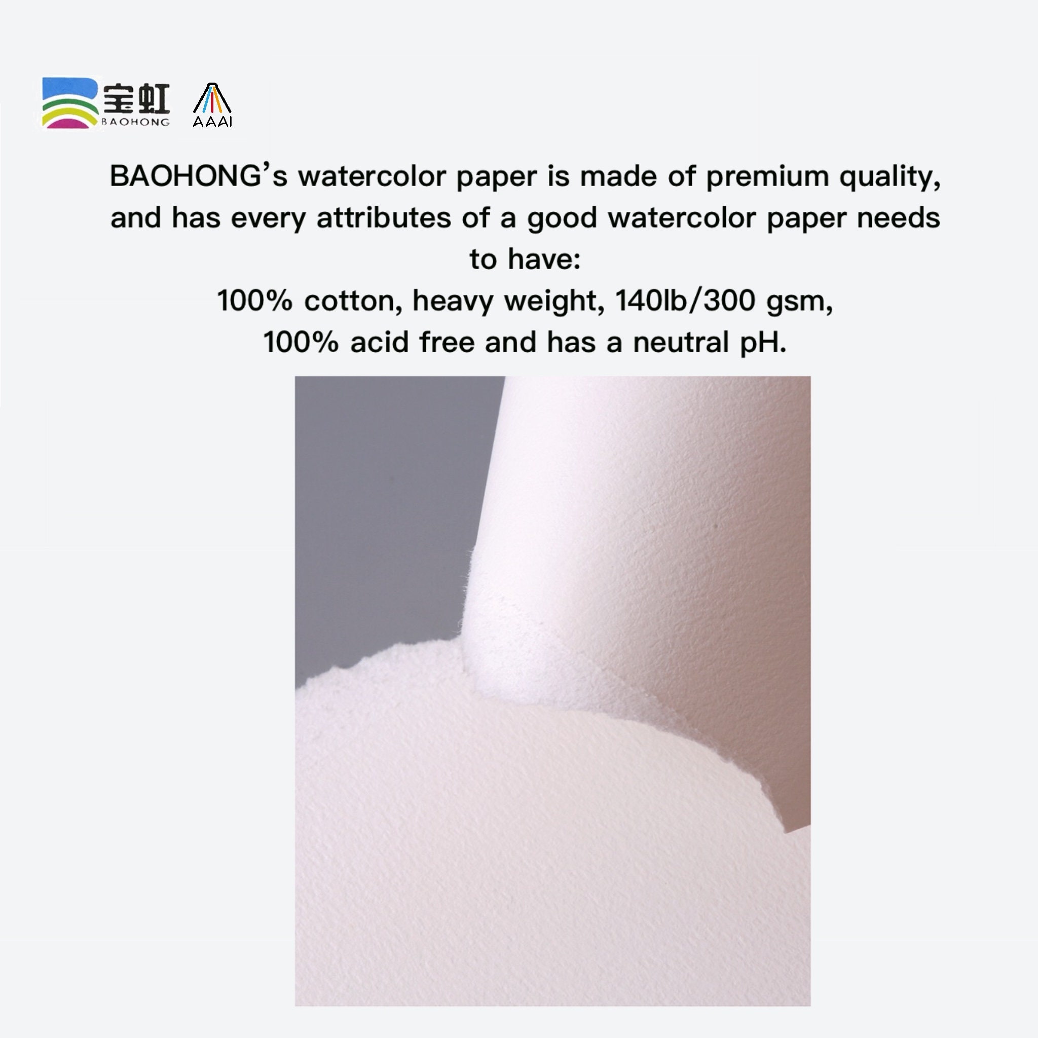 BAOHONG 14.9x5.1 Academy Watercolor Paper 100% Cotton, 140lb/300gsm,  Textured Cold Press, Watercolor Block, 20 Sheets -  Finland