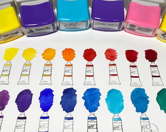 May include: A set of 10 paint tube stamps featuring various colours, including yellow, orange, red, purple, blue, and green. The stamps are labelled with the names of different paint brands, such as Van Gogh, MaimeriBlu, Daniel Smith, and Akademie.