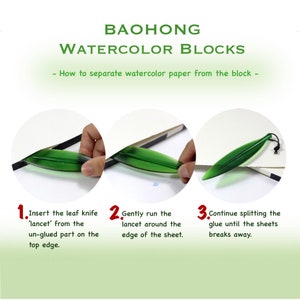 May include: A green leaf-shaped tool, called a 'lancet', is used to separate watercolor paper from a block. The image shows three steps: inserting the tool, running it around the edge of the sheet, and continuing to split the glue until the sheets break away.