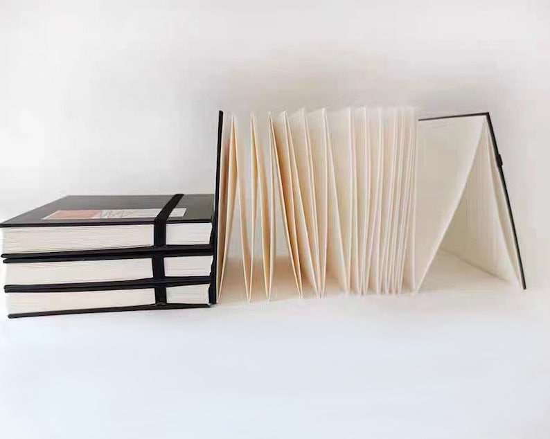 May include: Two stacks of black notebooks with black elastic bands. One stack is closed and the other is open, revealing blank white pages.