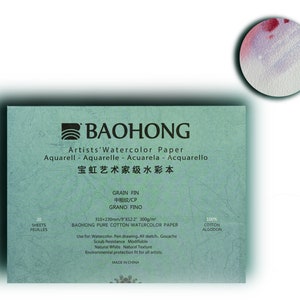 BAOHONG 9”x12.2”Artists‘ Watercolor Paper 100% Cotton, 140lb/300gsm, Textured Cold Press, Watercolor Block, 20 sheets