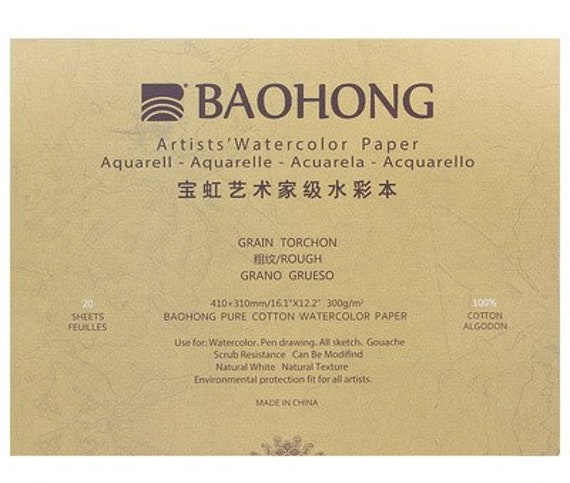 BAOHONG Rough Grain Artists' Watercolor Block, 20 Sheets, 100% Cotton,  Acid-free, 140LB/300GSM, Art Paper for Watercolors, Dry, Wet Media 