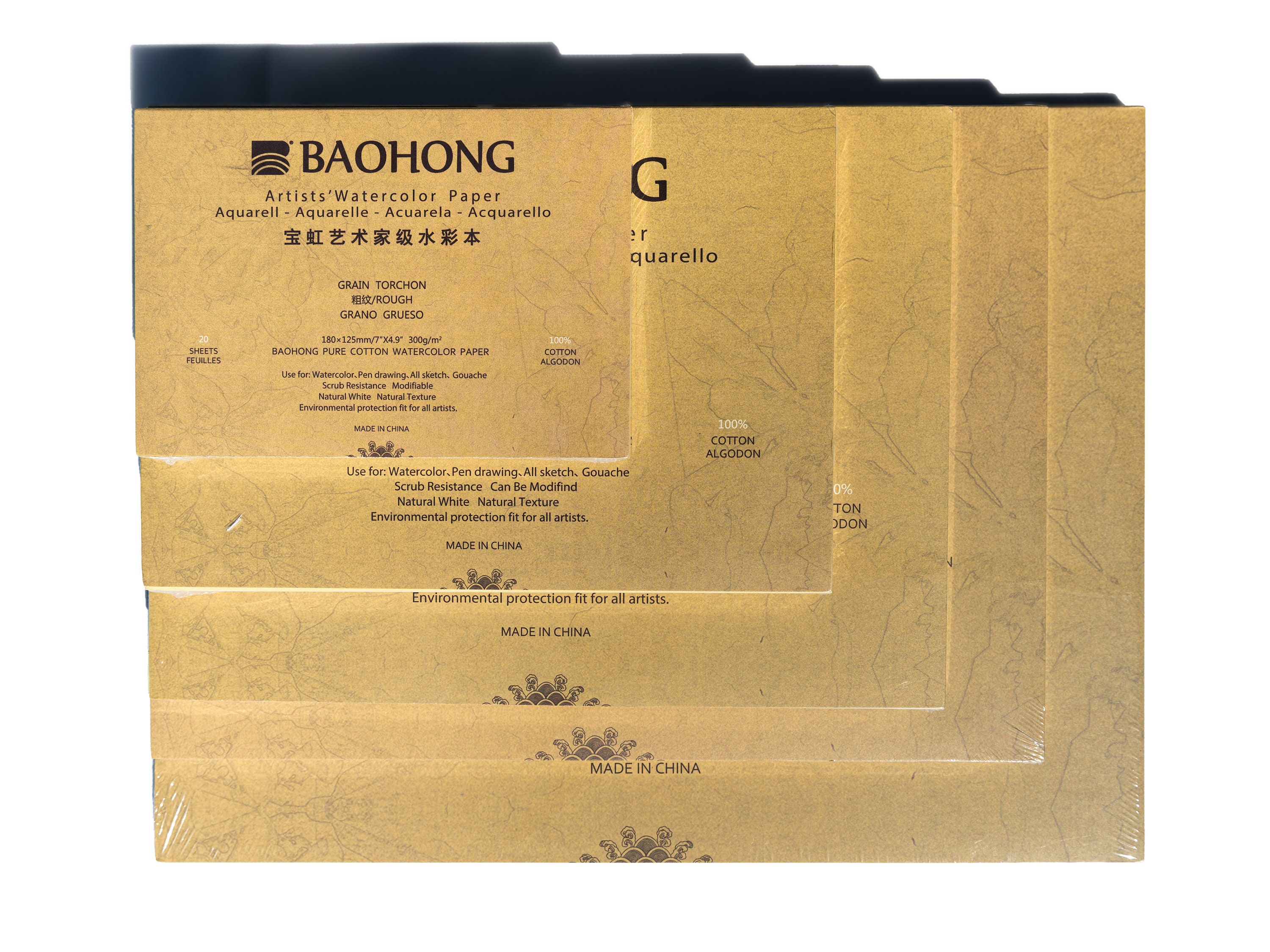 BAOHONG Rough Grain Artists' Watercolor Block, 20 Sheets, 100% Cotton,  Acid-free, 140LB/300GSM, Art Paper for Watercolors, Dry, Wet Media 