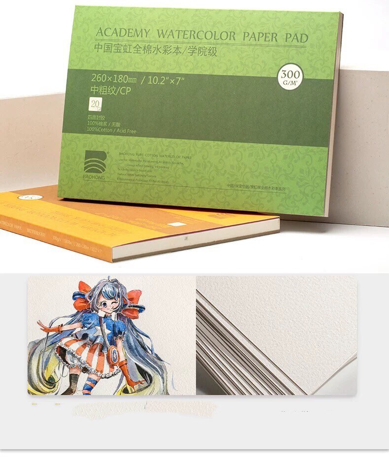 Baohong Artists' Watercolor Paper Block, Textured Cold Press 10.2x7, 20 Sheets, 100% Cotton, Acid-free, 140lb/300gsm, Watercolor Art Supplies for