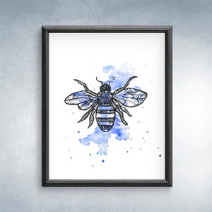 Blue bee, Bee watercolor, bee painting, bee print, bee wall decor, bee clip art, bee digital print, bee watercolor painting, nursery art