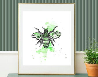 Green bee, Bee watercolor, bee painting, bee print, bee wall decor, bee clip art, bee digital print, bee watercolor painting, nursery art