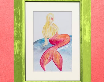 Mermaid watercolor, watercolor mermaid painting, blonde mermaid, mermaid painting, mermaid, pink mermaid, ocean decor, mermaid clipart