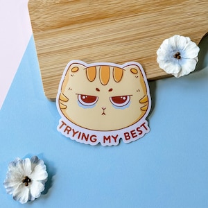 Trying My Best Crying Cat Vinyl Sticker, Waterproof, Cute Vinyl Sticker, Cute Cat Sticker, Meme Sticker