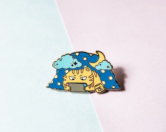 Gamer Cat Enamel Pin: Cozy Kawaii Gold Plated Pin (1.75")
