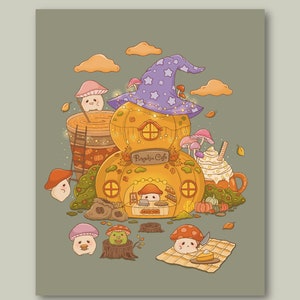 Pumpkin Cafe 11x14 Art Print, Autumn Art, Cottagecore Art, Cute Art Print, Kawaii Print, Fall Decor, Cozy Art Print, Mushroom Art
