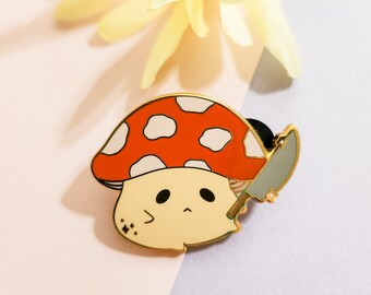 Mushroom with Knife Enamel Pin: Gold Plated Kawaii Lapel Pin