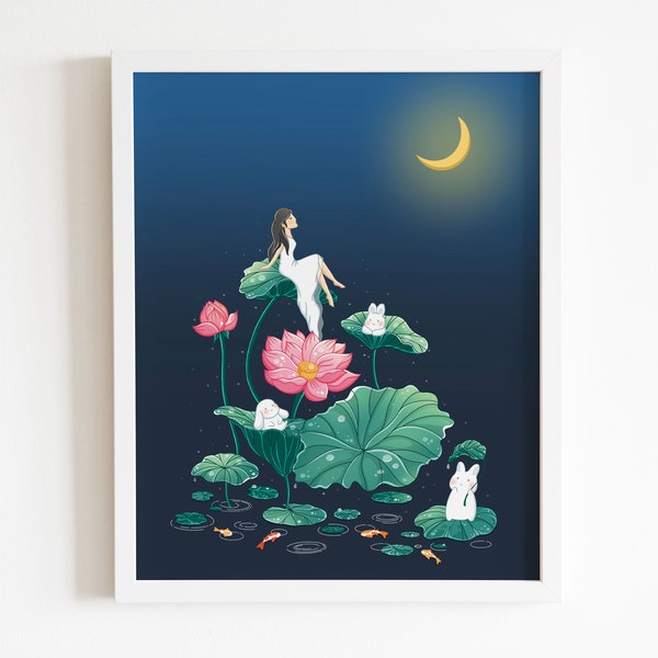 Moonlight Moon Gazing Art Print, 8x10 Art Print, Lotus Art , Lily Pad , Water Lily, Cute Art Print, Whimsical Art Print, Cute Bunny Art