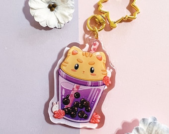 Llavero acrílico de gato Taro Boba: Charm de té con leche kawaii