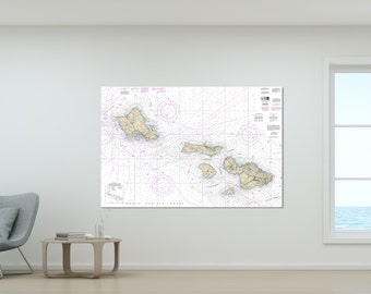 Maui, Oahu, Molokai, Lanai, Kahoolawe, Honolulu, Kahului, Hawai'i - Nautical Map / Chart - Wall Decor - Printed Canvas, Acrylic, or Metal