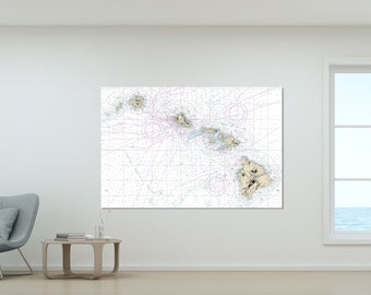 Hawaiian Islands, Hawai'i, Maui, Kauai, O'ahu, Moloka'i, Lanai - Nautical Map / Chart - Beach Wall Decor - Printed Canvas, Acrylic, or Metal