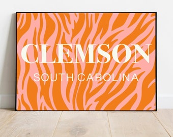 Preppy Clemson Location Print, Dorm Decor, Clemson South Carolina, Apartment Decor, College Wall Art, Preppy Room Decor,