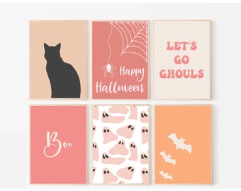 Boho Retro Halloween Decor Set of 6 Posters, Halloween Printables, Cute Halloween Decor, Pink Halloween, Halloween Wall Art, Minimalist