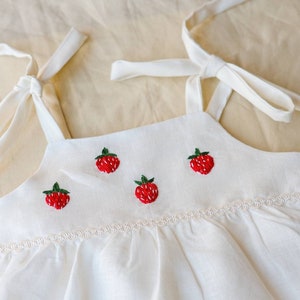 Strawberry Dress set Linen sundress with bonnet red Embroidery clothing for Toddler Victorian style baby clothes Pink gift ideas for newborn image 1