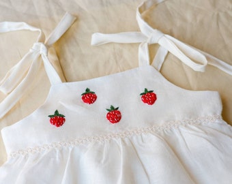 Strawberry Dress set Linen sundress with bonnet red Embroidery clothing for Toddler Victorian style baby clothes Pink gift ideas for newborn