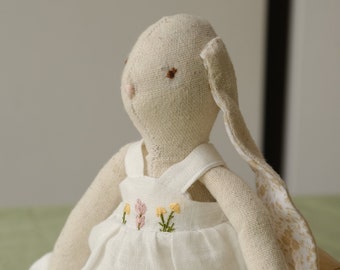 Linen Baby Doll Hand embroidered flower Cute toys for girl Xmas gift idea for granddaughter Newborn present handmade