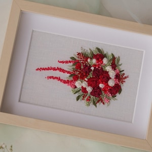 Hand embroidery frame Custom wedding bouquet design Anniversary gift for wife Handmade present ideas Vintage style decor Christmas flower