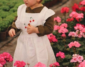 Cherry Embroidery linen Dress Fruit themed birthday party clothes Pinafore with Hair bow Cute toddler gift for girl white 4t kid's wear