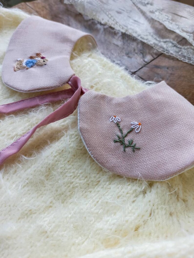 Removable linen collar Rabbit embroidery Gift idea boy Handmade for children clothing Pastel color clothes Toddler wear pink Cute girl dress image 6
