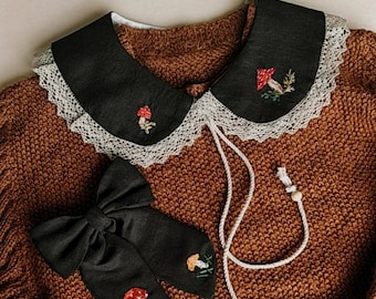 Mushroom collar set Forest embroidery New teacher outfit Dark academia style Black Hair bow Fall Linen dress red Girl clothes embroidered