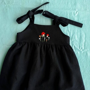 Mushroom Dress Hand embroidered clothing Newborn gift idea Black linen clothes Baby Fall birthday party outfit Autumn wear for toddler image 8