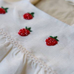 Strawberry Dress set Linen sundress with bonnet red Embroidery clothing for Toddler Victorian style baby clothes Pink gift ideas for newborn image 2