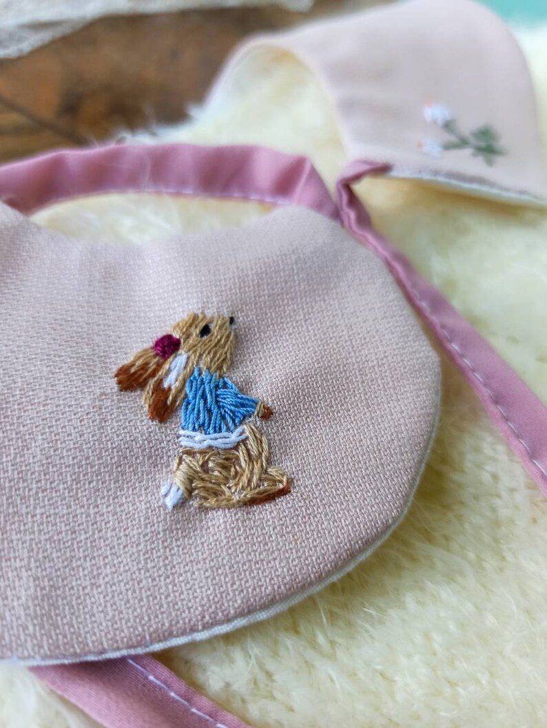 Removable linen collar Rabbit embroidery Gift idea boy Handmade for children clothing Pastel color clothes Toddler wear pink Cute girl dress image 5