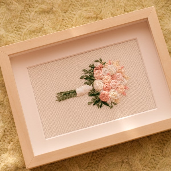 Custom wedding bouquet design EMBROIDERY Gift for wife pink Needle point frame second anniversary handmade present ideas Flower home decor