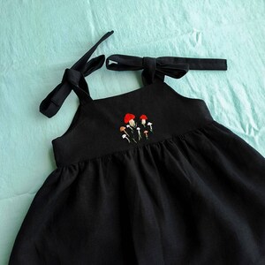 Mushroom Dress Hand embroidered clothing Newborn gift idea Black linen clothes Baby Fall birthday party outfit Autumn wear for toddler image 3