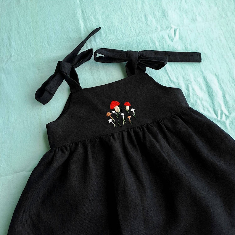 Mushroom Dress Hand embroidered clothing Newborn gift idea Black linen clothes Baby Fall birthday party outfit Autumn wear for toddler image 3