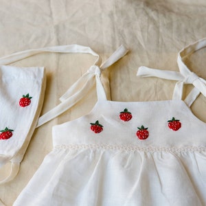 Strawberry Dress set Linen sundress with bonnet red Embroidery clothing for Toddler Victorian style baby clothes Pink gift ideas for newborn Dress and Bonnet