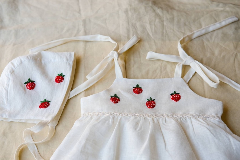 Strawberry Dress set Linen sundress with bonnet red Embroidery clothing for Toddler Victorian style baby clothes Pink gift ideas for newborn Dress and Bonnet