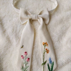Necktie for woman Embroidered clothing Handmade jewelry minimal white Vintage inspired outfit red English style dress linen Bow Collar women image 7