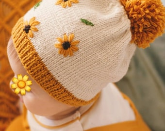 Hand knitted hat Embroidery clothing Handmade bonnet Vintage style clothes for toddler Girl knitting orange sunflower dress for baby bennies