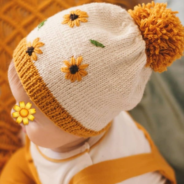 Bonnet tricoté à la main Vêtements de broderie Bonnet fait à la main vêtements de style vintage pour enfant en bas âge Fille tricotant une robe de tournesol orange pour bébé bennies