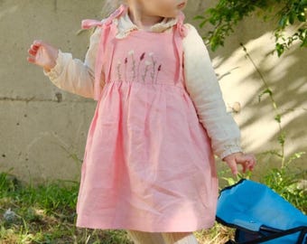 Cottagecore Linen Baby Girl Dress – Pink Summer Outfit with Floral Embroidery, Handmade Boho Toddler Sundress, Heirloom Gift