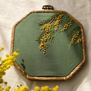 Mimosa Embroidery frame Yellow flower design Vintage wall art floral Personalized mom gift handmade Bedroom decoration green mother in law
