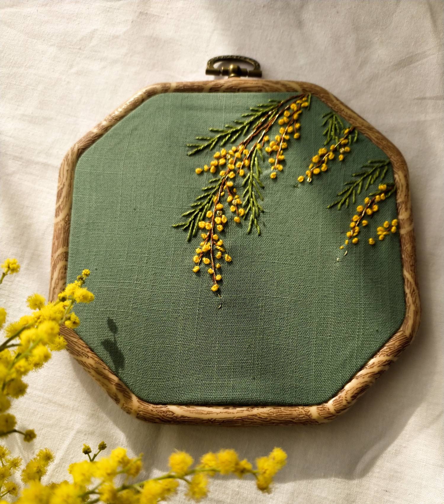 Mimosa Embroidery Frame Yellow Flower Design Vintage Wall  display picture 1