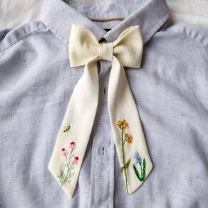 Necktie for woman Embroidered clothing Handmade jewelry minimal white Vintage inspired outfit red English style dress linen Bow Collar women White
