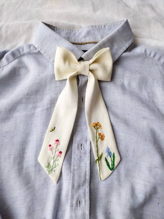 Necktie for woman Embroidered clothing Handmade jewelry minimal white Vintage inspired outfit red English style dress linen Bow Collar women