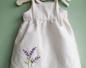 Linen baby dress Handmade clothes kids Lavender embroidery Flower girl clothes Pretty Toddler birthday clothing white Cute gifts for newborn