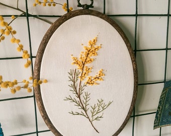 Flower Embroidery hoop Floral design frame Mimosa flower Minimal wall art decor yellow handmade gift ideas Kitchen decoration neutral color